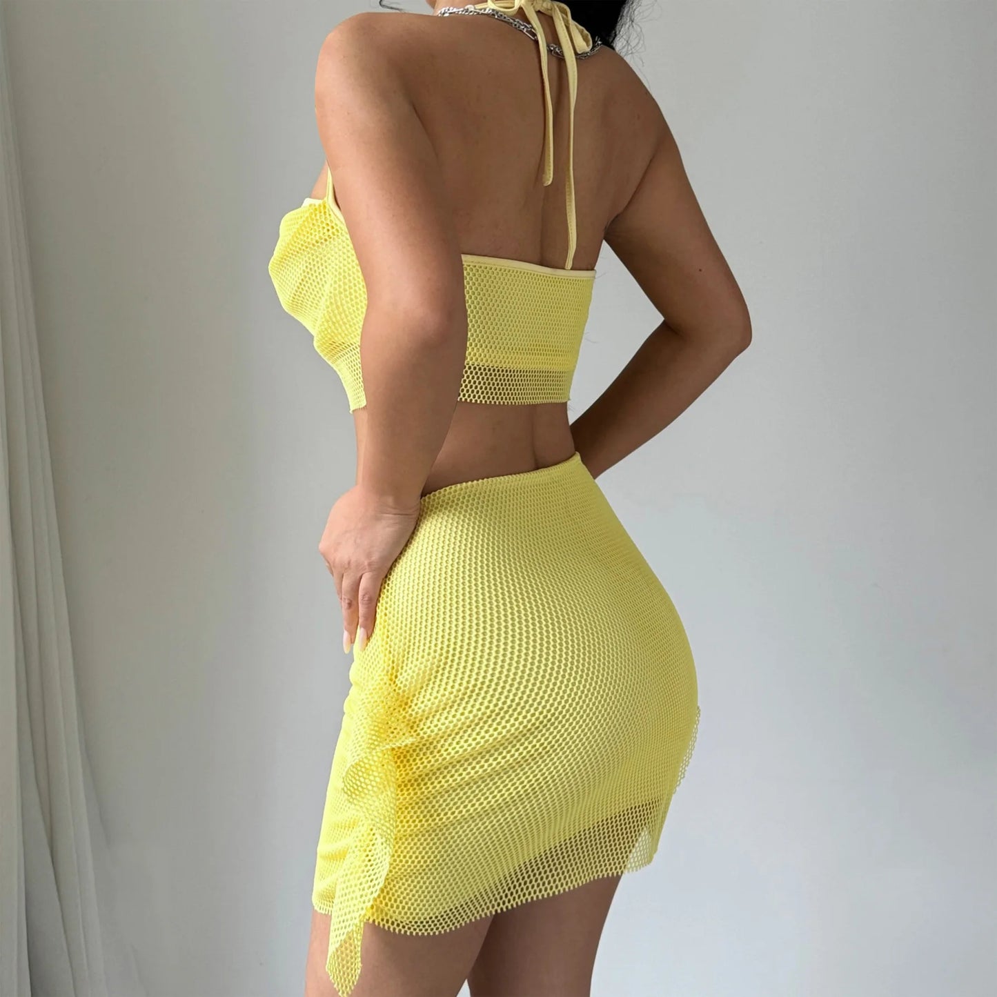 NEW Arrivals 2PCS Set Summer Sexy Mesh Patchwork Y2K Sleeveless Backless Sexy Crop Top And Mini Skirt Set Women Female Evening Beach Party Night Clubwear Outfit Suit Ladies Girls Luxury Fashion Clothing Supplies
