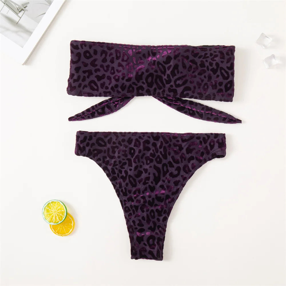 Luxury Purple Leopard Bikini Bandage Bandeau Swimsuit Velvet Swimwear Women Sexy Two Piece Bathing Thong Brazilian Beach Outfits