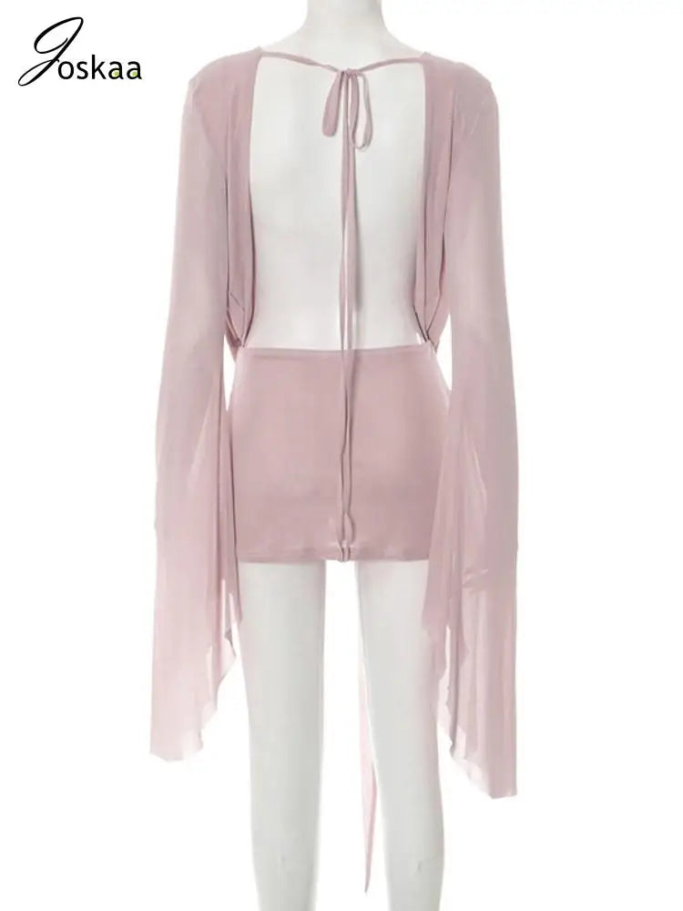 NEW Arrivals Pink/White/Brown Color UK Size Women's Summer Sexy Sheer Mesh See Through Mini Dress Sexy Swing Collar Full Sleeve Irregular Backless Vacation Beachwear