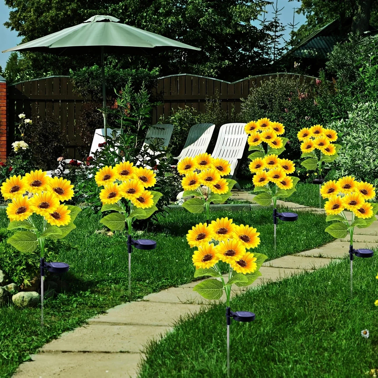NEWEST 2PCS Set 75CM 6 Head Solar Simulation Sunflower with Luminous Pole LED Lights Garden Yard Lawn Night Lights Landscape Decor Lamps Home Garden Decoration Supplies