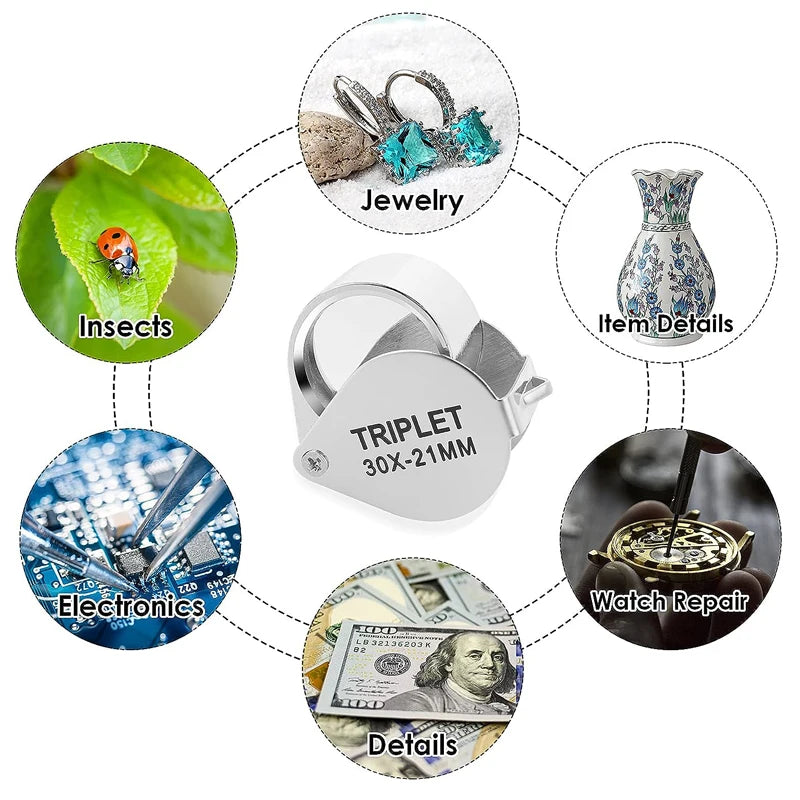 NEW Arrivals Pocket Jewelry Loupe 30X 20X 10X Jewelers Eye Magnifying Glass Rings Gold Diamonds Magnifier LED/UV Illuminated Loop Folding For Stamp Rock Collect Jewelry Accessories