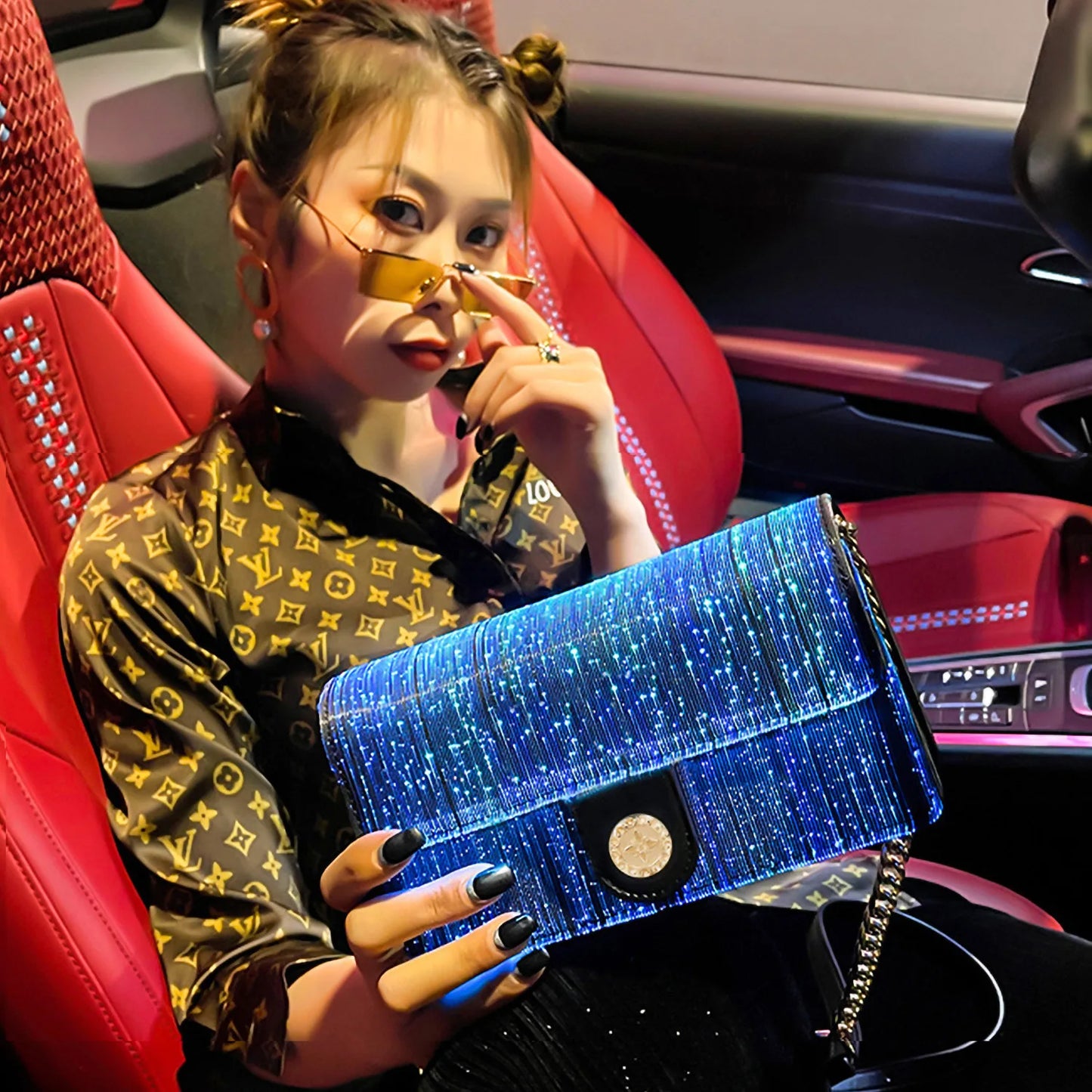 NEW Arrivals Luxury Colorful Luminous Square Reflective Light Bags For Women Ladies LED Light Shoulder Bag Optical Fiber Fabric Crossbody Purse Female Girls Luxury Fashion Apparel Accessories Supplies