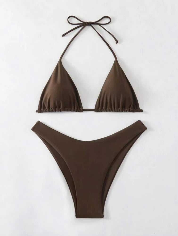 2 PCS Set UK 8-16 Size (S-XL)  8 Colors Women Thong Bikini Sexy Solid White/Black/Coffee Halter Swimsuit Lace Up Brazilian Bathing Suit New Double Fabric Beachwear
