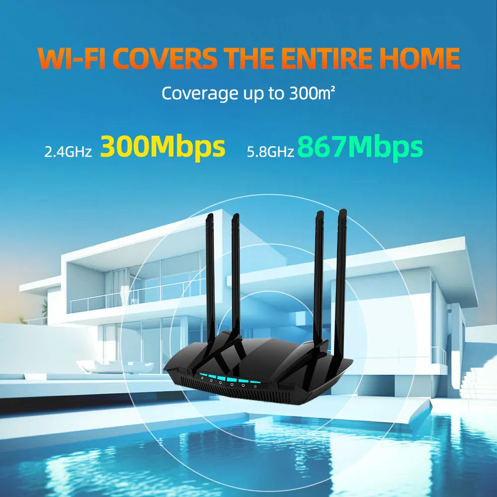 PIX-LINK AC1200 Dual Band Gigabit WiFi Router 1200Mbps 5GHz/2.4GHz MU-MIMO WPA3 4 Antennas Full Gigabit Ports Cover 300m²