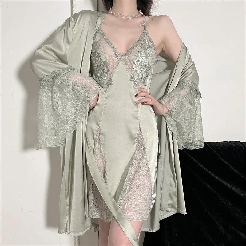 NEW 2PCS Rayon-Silk Set 5 Colors M-XL Sexy Embroidery Wedding Robe Nightgown Sleepwear Set Summer Female Nightwear Patchwork Lace Rayon Bathrobe Casual Home Dress