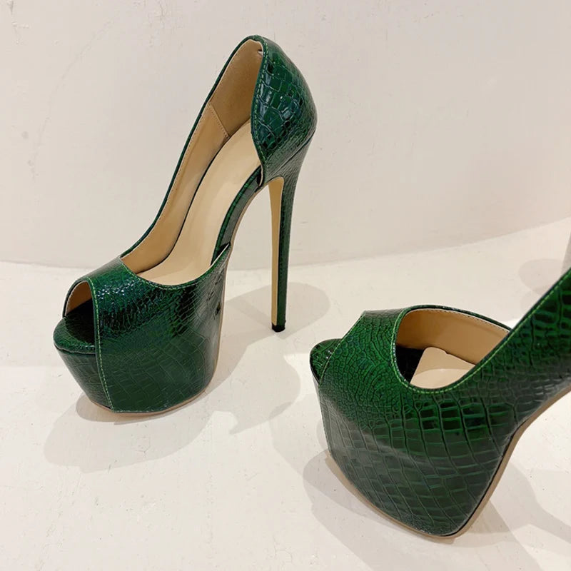 New Green Snake Print Leather Platform Pumps Women Sexy Slingback Peep Toe Extreme High Heels Strip Pole Dance Shoes