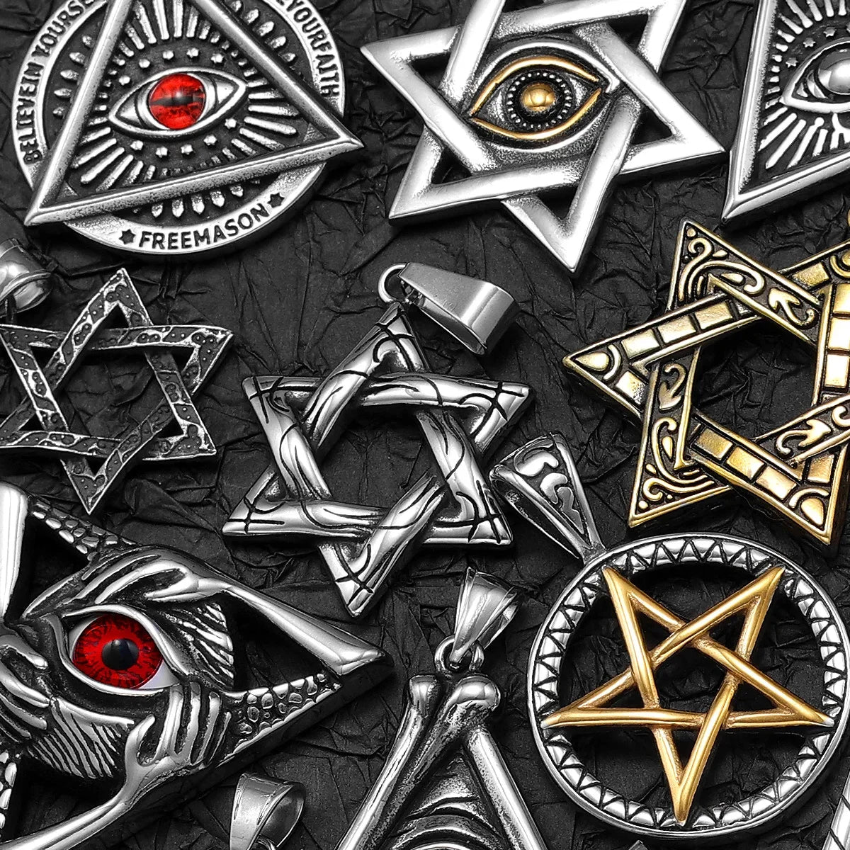 38 Types Illuminati's Masonic Hexagram Salomon Star of David Masonic Stainless Steel Men Necklaces Pendant Chain Punk New in For Women Fashion Secret Society Jewelry Gifts