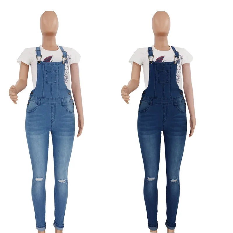New Arrivals Woman Ripped Denim Jumpsuit Fashion Casual Sling Pants Jeans Jumpsuit S-2XL Global Girls Casual Fashion Apparel Supplies