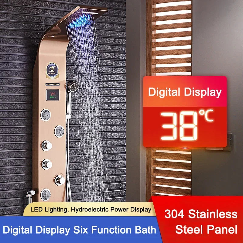 Luxury Stainless Steel Home Improvement LED Lights Shower Faucets Luxury Bathroom Faucet Set Bather Thermostat Shower Screen Shower Electronic System Kit Home Bathroom Supplies