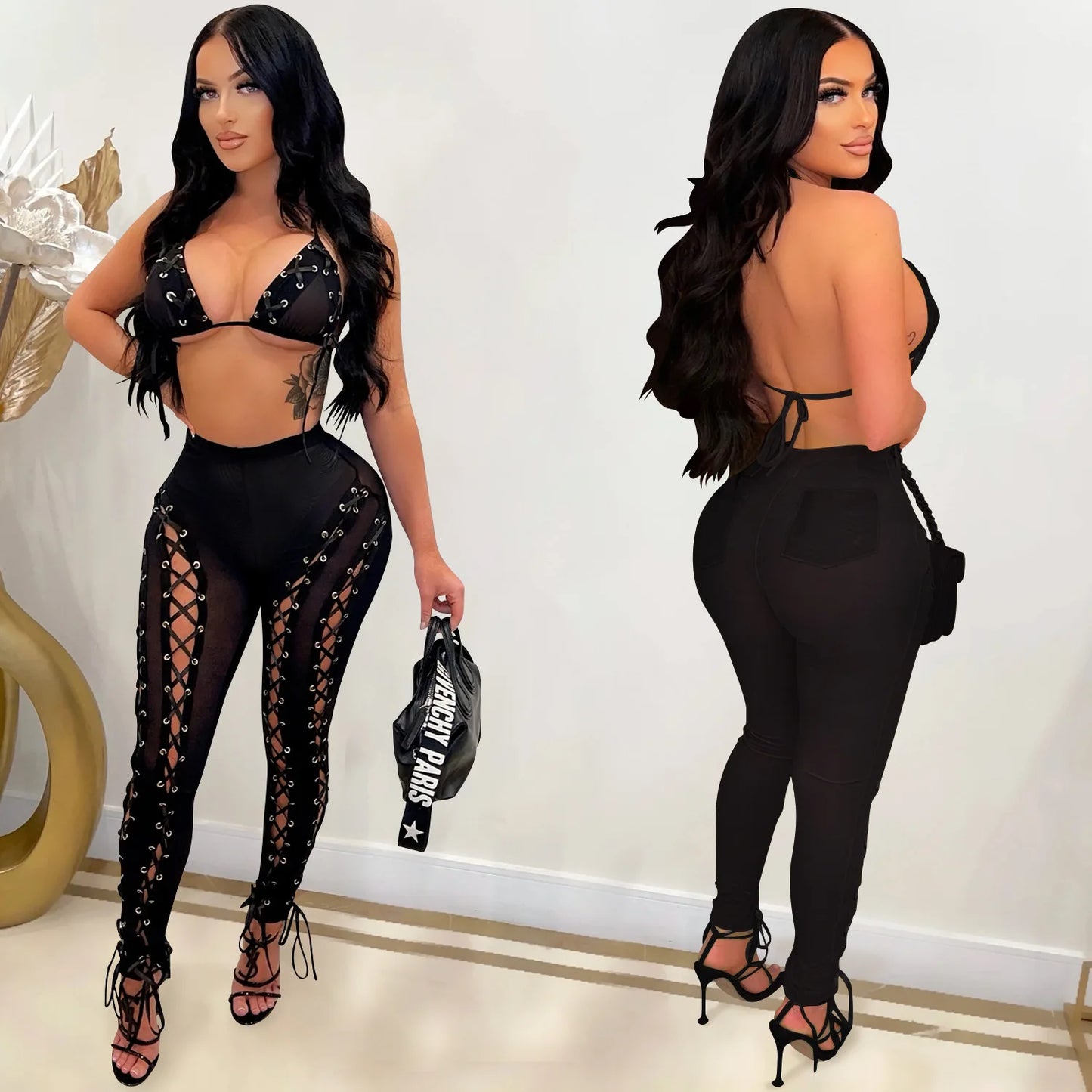 NEW 2 PCS Set  Fashion Women's Sexy Solid Color Mesh Perspective Hollow Sleeveless Tank Top Pants Sexy Evening Party Night Clubwear See Through Suit