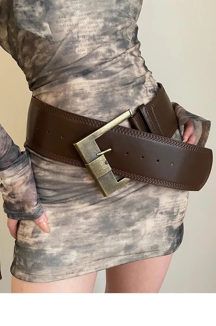 Women Female 115Cm Punk Style Design PU Leather Wide Belt  Wasteland American Sexy Style Girdle with Skirt Jeans Waist High Quality Belt Ladies Girls Luxury Fashion Apparel Accessories Clothing Supplies