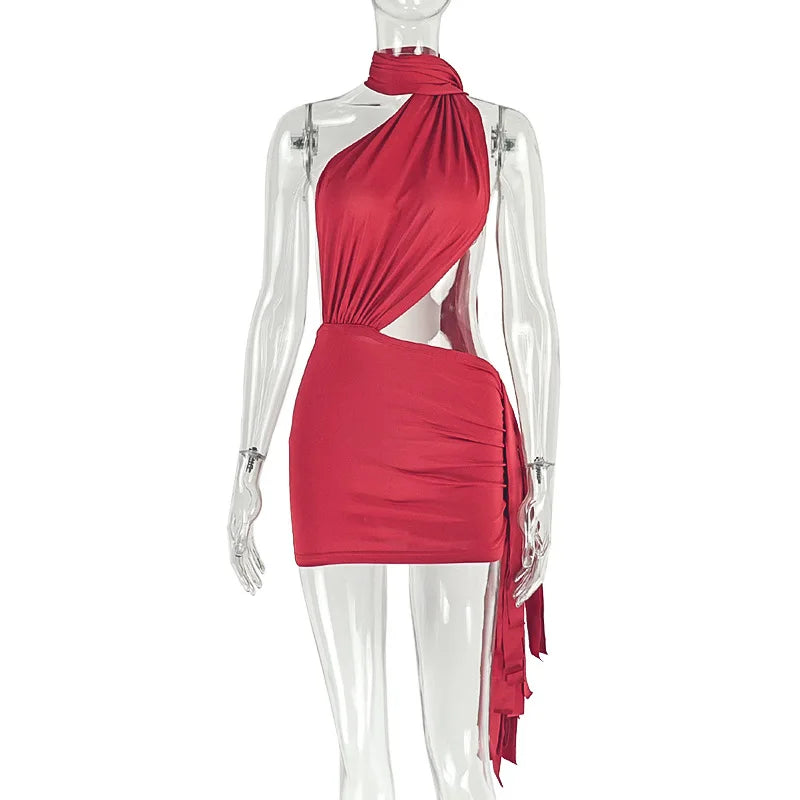 Black/White/Red Color Women Solid Patchwork Backless Ruched Sexy Bodycon Mini Dress Ribbons Halter Scarf Slim Night Clubwear Party Dresses Y2K Streetwear