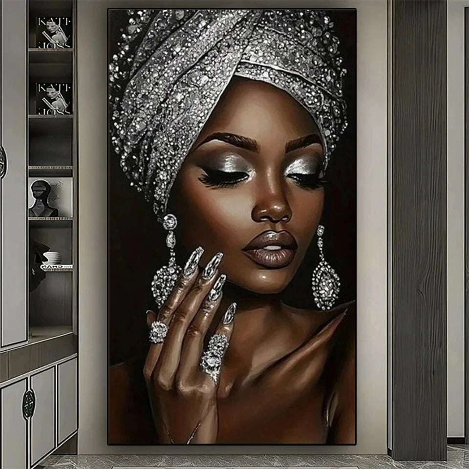 100 x 200cm Silver Gemstone African Women Diy Full Round Diamond Painting Kit Full Drill Mosaic Art Diamond Embroidery Craft, Home Decor