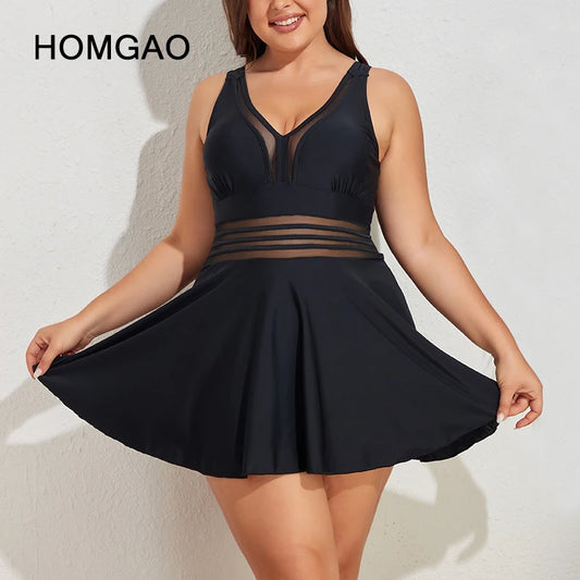 Neck Mesh Sheer Swimwear Women's Plus Size Floral Swimdress Tummy Control One Piece Swimsuit Bathing Suit Monokini