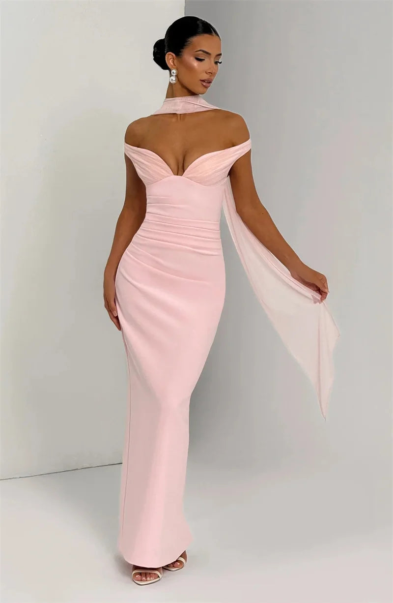 UK Size Black/Brown/Pink Color Scarf Collar Off-Shoulder Sexy Maxi Dress Women Gown Fashion With Sleeve Strapless Backless Club Party Long Dresses