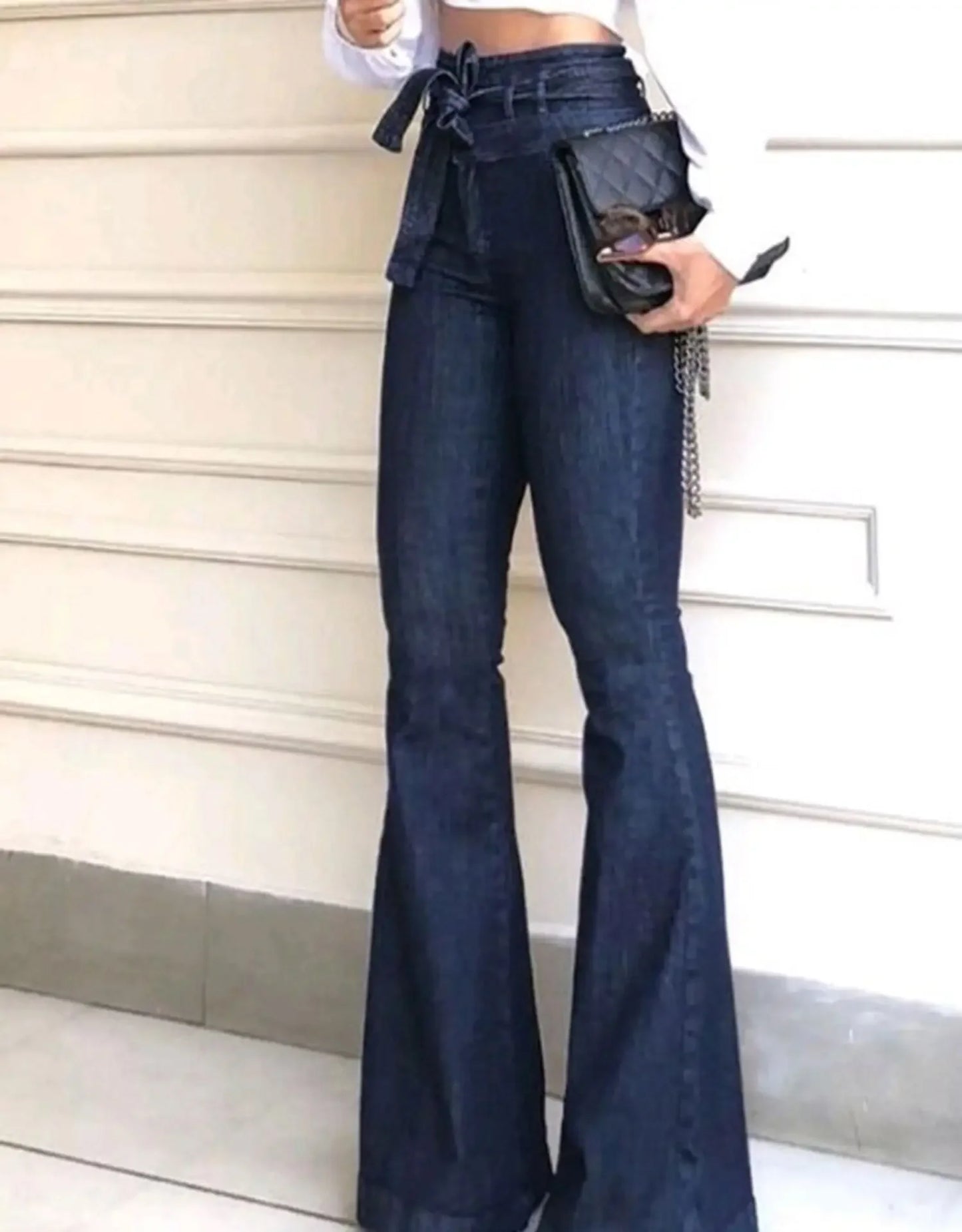 NEW Arrivals UK S-2XL Size Black/Blue Mom Jeans Women Flare Pants Zipper Fly Flat Pockets Streetwear Denim Work Elegant Bodycon Slight Stretch Belt High Waisted Jeans