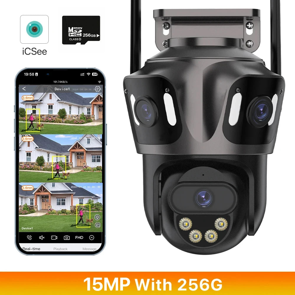 NEW 15MP HD 3 Screen WI-FI IP 2 Ways Voice Intercom Camera Outdoor 4K Dual Lens Camera Ai Human Detection Waterproof CCTV Video Security Camera Home Office Factory Security Systems