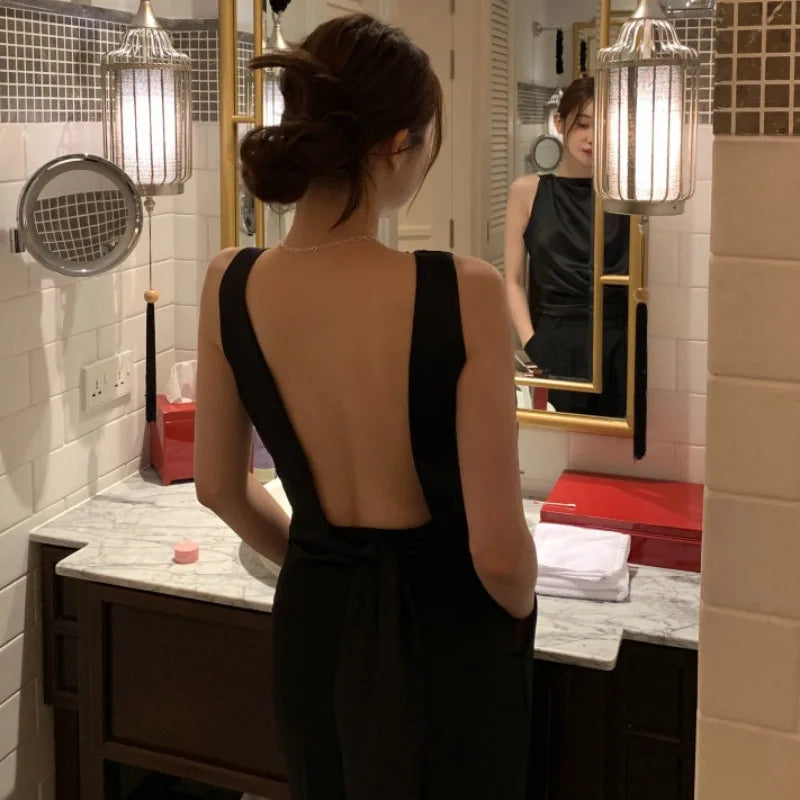 NEW Arrivals Beige/Black Feminino Sexy Backless Ropa Mujer Women Top New Sleeveless Clothes Round Neck Tanks & Camis Summer Elegant Tops Evening Beach Party Clothes
