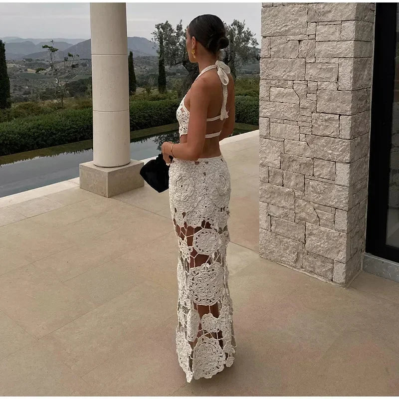 NEW Arrivals S(8) -XL(16-18) UK Size Sexy Handmade Crochet Floral Hollow Out Long Dress Women Halter Backless Lace Up Female Evening Beach Party Dresses Summer Lady Holiday Party Maxi Gown