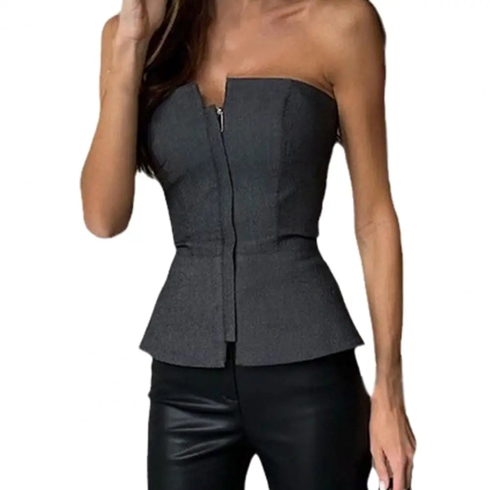 NEW Arrivals UK Size Sexy Women Tube Tops Zipper Tube Tops Bandeau Party with Zipper Placket Solid Color Slim Fit Party Tops Streetwear Club Wear