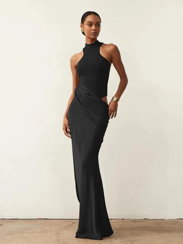 Low-Price Sales are Limited NEW Luxury Satin Sexy Hollow Out Women Maxi Dress Black Sleeveless High Waist Dress Female Autumn Skinny Elegant Evening Wedding Party Night Clubwear Business Dinner Outfits Ladies Luxury Fashion C