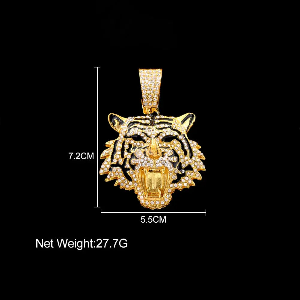 Luxury Rhinestones Gold/Silvery Color Hip Hop Tiger Head Pendant Necklace for Men Women, Iced Out Rhinestone Cuban Link Chain, Animal Bling Jewelry Gifts