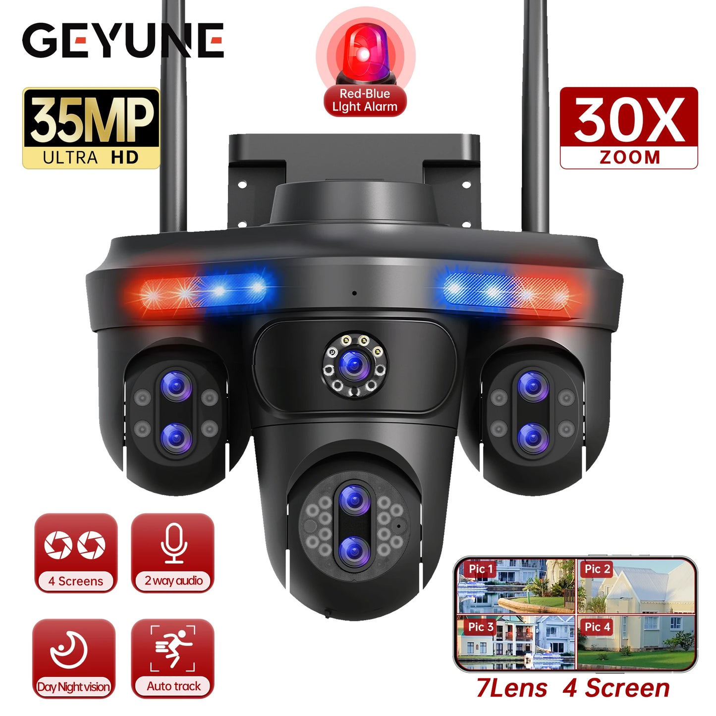 NEW Arrivals AI Functions 35MP Wi-Fi IP Camera 4 Screens 7 Lens 10X Zoom Outdoor Wireless PTZ Security Cam Auto Tracking CCTV Surveillance Camera Home Office Factory Security Systems