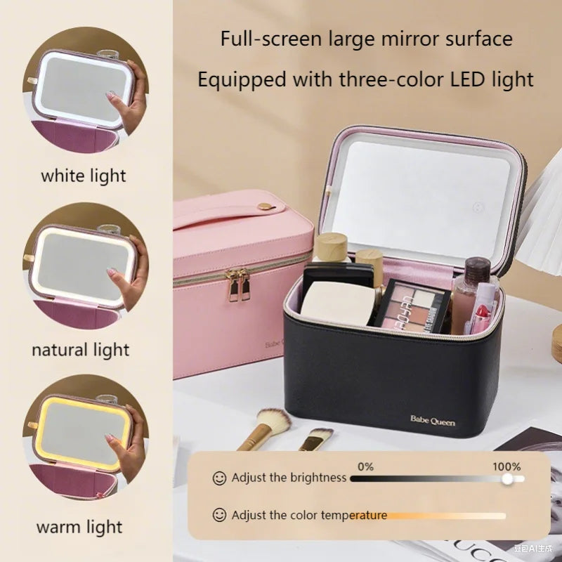 NEW Arrivals 10 Colors  LED Strip Light Mirror Make-Up Storage Case, Portable Large-Capacity Professional Cosmetic Bag