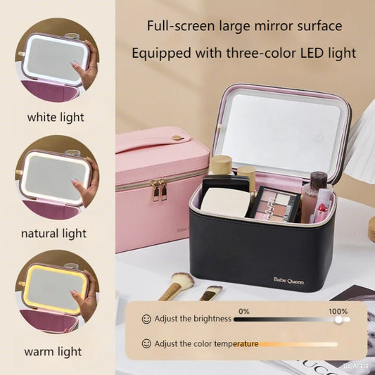 NEW Arrivals 10 Colors  LED Strip Light Mirror Make-Up Storage Case, Portable Large-Capacity Professional Cosmetic Bag