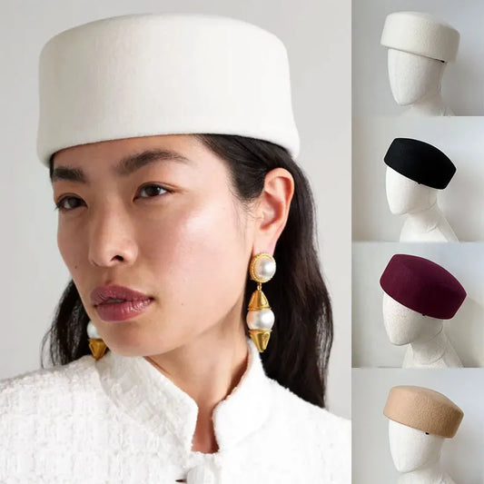 12 Colors Uzbekistan Retro Flight Attendant Ball Hat Women's 100% Wool Felt Beret Party Charming Hat Wedding Cocktail Party Medicine Box Hat