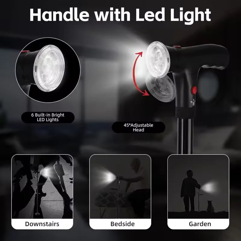 HOT SALE LED Lights +Emergency Alarm SOS Night Hiking Walking Stick Adjustable Height Voice Announcement Non-Slip For Elderly Disabled People Lightweight Aluminum Foldable Outdoor Camping Cane
