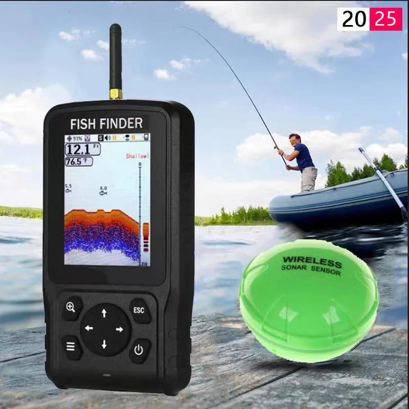 English Language 100-200meters Professional Wireless Sonar Fish Finder Dot Matrix Sonar Sensor Transducer Depth Echo Sounder  Recharged Battery Ocean Lake River Fishing Supplies