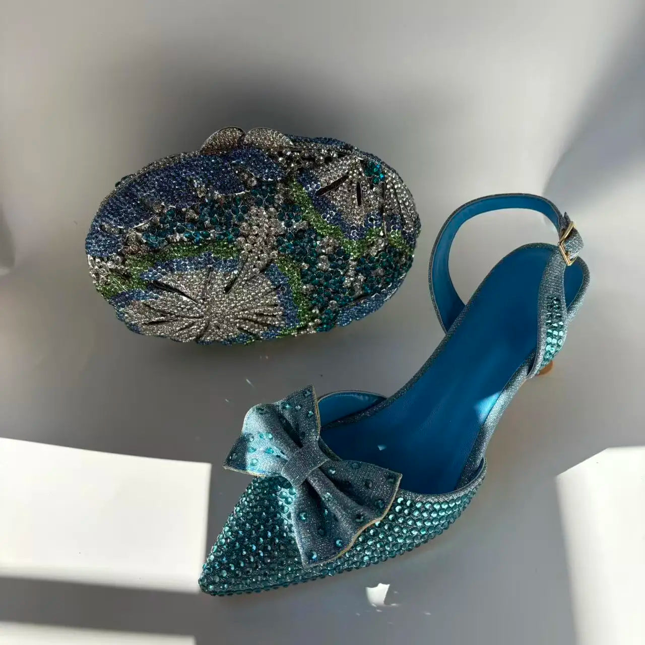 Newest Lake Blue Pumps Women Thin Heels with Bag Set Rhinestones Leather Sandals Evening Wedding Party Women's Shoes for Bridal