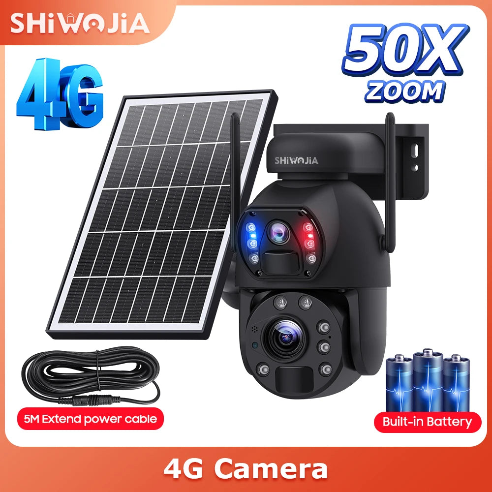 NEW 50X ZOOM 12MP 4G Sim Solar Camera Outdoor 360° Wireless WI-FI Battery Security Cameras Solar Panel PIR Night Vision Recording Home Office Factory Security Systems