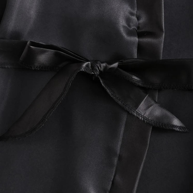 Black Sexy Women's Pajamas Satin 4-piece Lace Silk Suspender Tops Shorts Robe Pajamas Set Nightgown Underwear Nightdress Suit