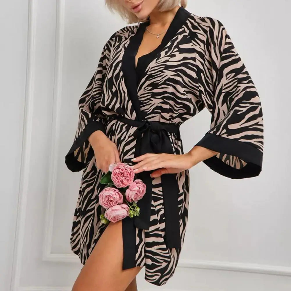 NEW Arrivals Sexy Lady Nightgown With Adjustable Waist Ties Leopard Cardigan Three Quarter Sleeves Home Wear Nightgown Bedroom Bathroom Robes Sleepwear Girls Ladies Luxury Lingerie Fashion Apparel Supplies