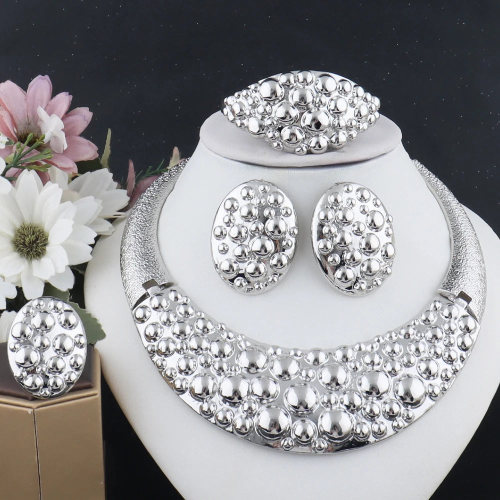Dubai 24k Gold and Silver Plated Jewelry Set Luxury Women Original Necklace Earrings Pearl Bracelet Ring Bridal Evening Wedding Party Business Dinner Red Carpet Jewelry Luxury Gift for Wife Girlfriend