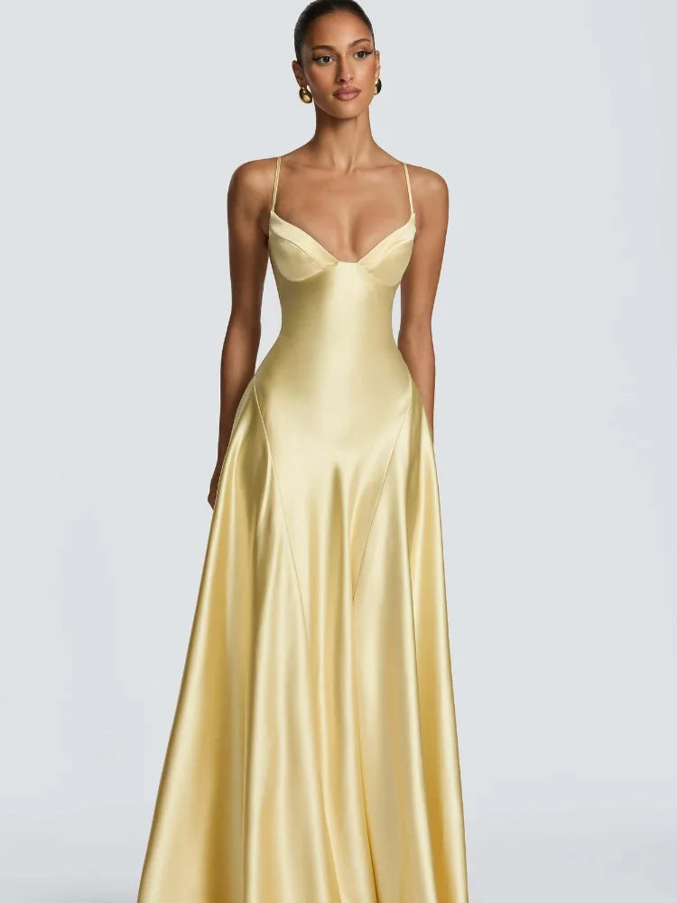 7 Types Mini and Maxi Satin Dress Elegant Satin Bustier Maxi Dress Women Yellow Spaghetti Strap V Neck A-Line Dresses Summer Lady Evening Formal Gowns.