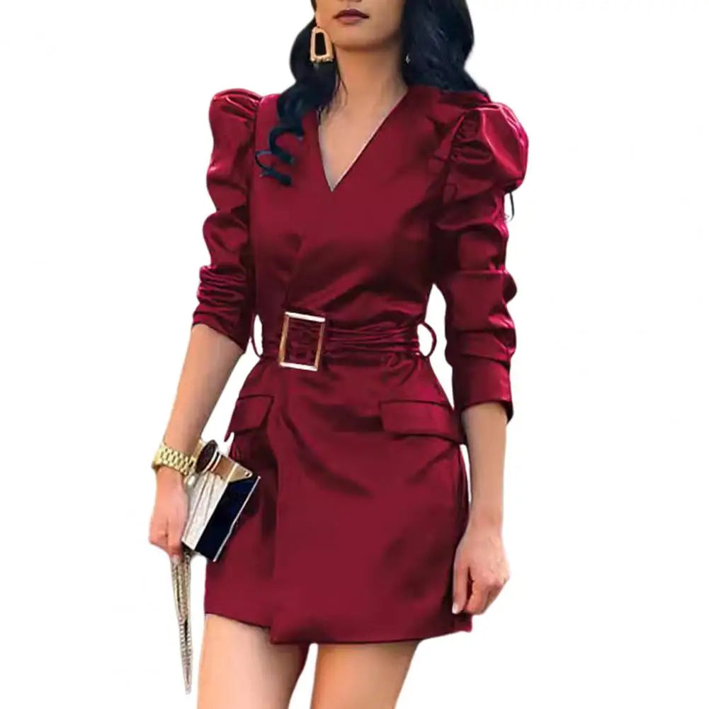 NEW Arrivals S-XL 4 Colors Summer Women Dress Smooth Faux Leather V Neck Long Bubble Sleeves Belted Waist Lady Dress Slim Fit Solid Color Mini Dress Ladies Luxury Fashion Clothing Supplies
