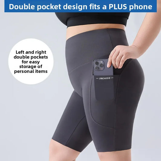 For Curvy Ladies and Big Girls M-4XL Plus Size 4 Colors High Waist Yoga Pants 200 Pounds Large Size Five-Quarter Length Pocket Design Slimming Bottoms for Outdoor Hiking Running Gym Fitness Sportswear