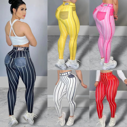 Women High Waist Sports Leggings Stripe Print Stretchable Yoga Pants Sexy Tight Fitness Workout  Gym Push Up Causal Pant