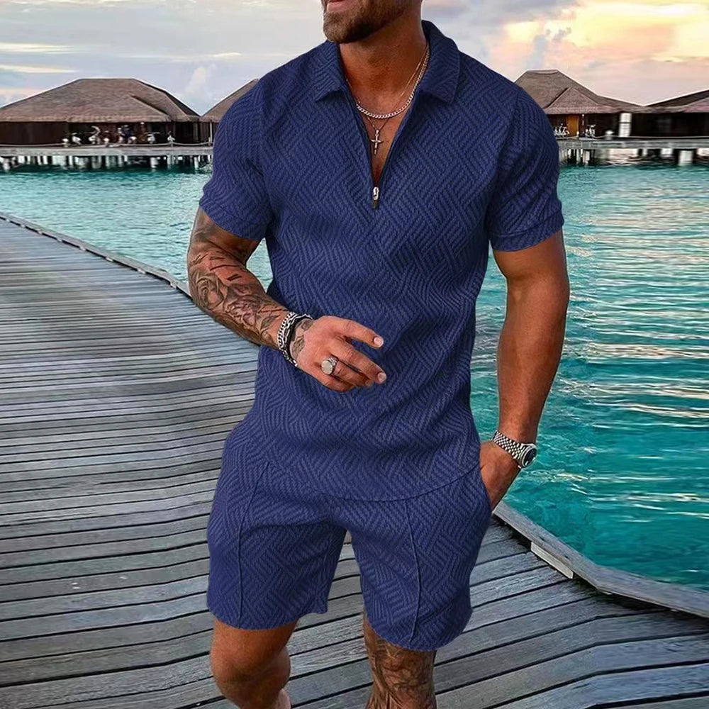 2 PCS Set S-5XL Plus Size for Curvy Men's Athletic T-Shirt Set Casual Mesh Lapel Short Sleeve Pullover Tops + Shorts  Solid Thin Sporty Suits Summer Casual Clothing Suit