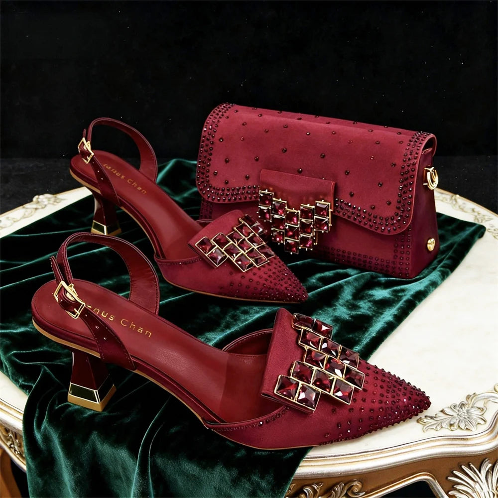 7 Colors Luxury Stylish Rhinestones High Heel Shoes & Matching Handbag - Elegant Pointed-Toe Footwear for Women, Ideal for Parties