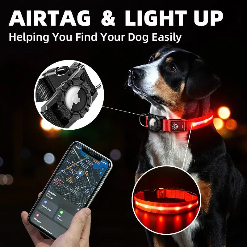 For Apple Air Tag GPS Finder Led Dog Collar Waterproof Light USB Chargeable Luminous Collar Pet For Apple Air Tag Tracker Case