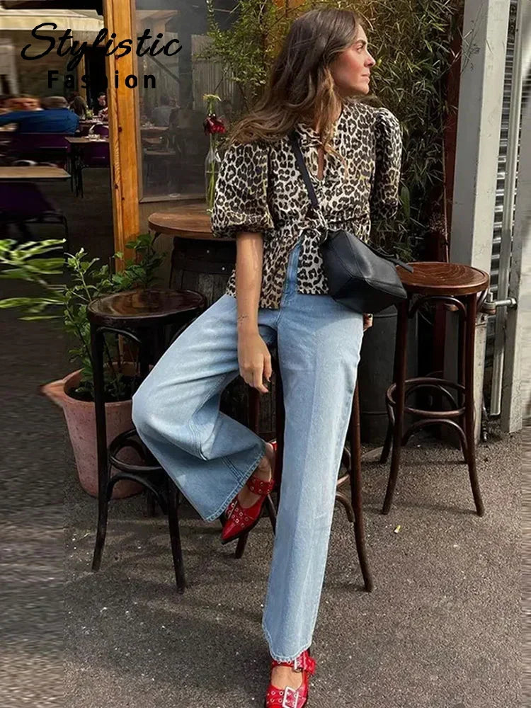 Leopard Print Shirt For Women Bow Lace Up O-neck Short Puff Sleeve Female T-shirt Summer Fashion All-match Street Lady Tops
