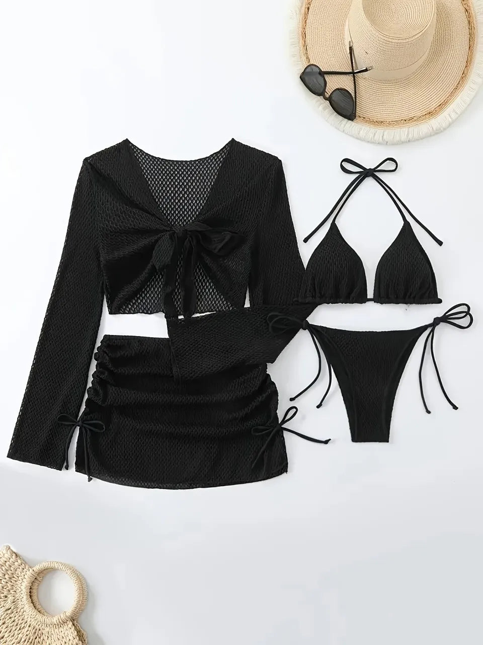 4 PCS Set White/Black/Coffee/Red Color Halter Bikinis Suit Mesh Cover Up Swimwear Female Long Sleeve Solid Swimsuit Women Bathing Swimming Suit Beachwear