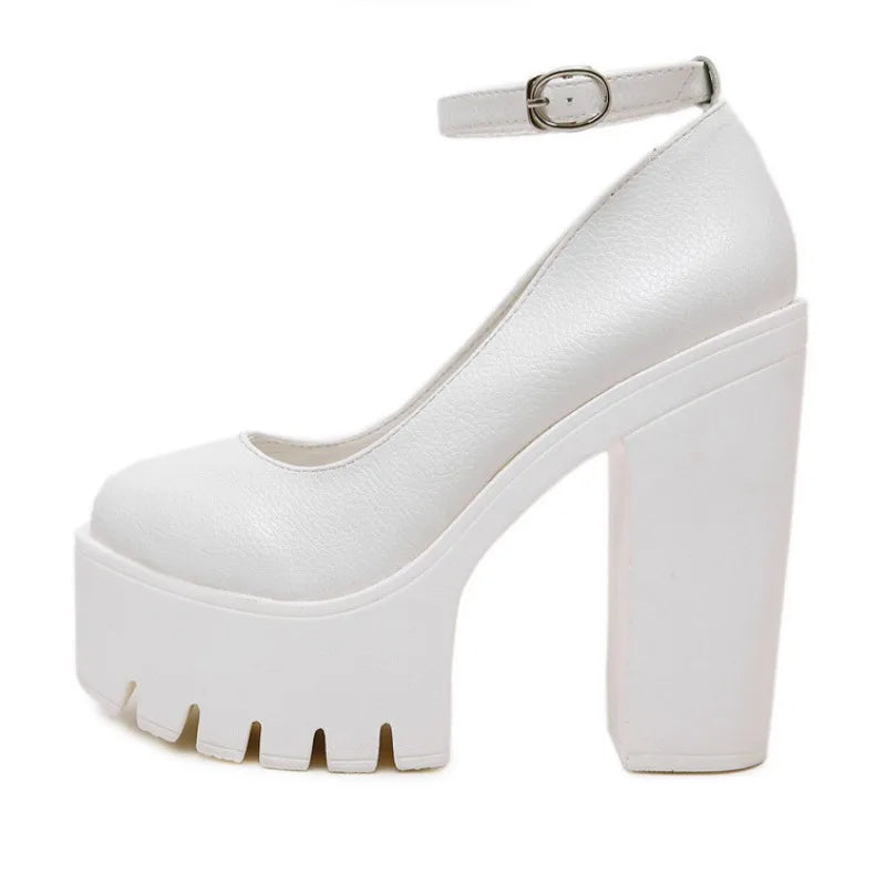 NEW Arrivals Black/White Sexy Thick-Soled Single Shoes Women's 14CM High Heels European American Fashion Buckle Women's Platform Heels Pumps Bridal Shoes Footwear Accessories