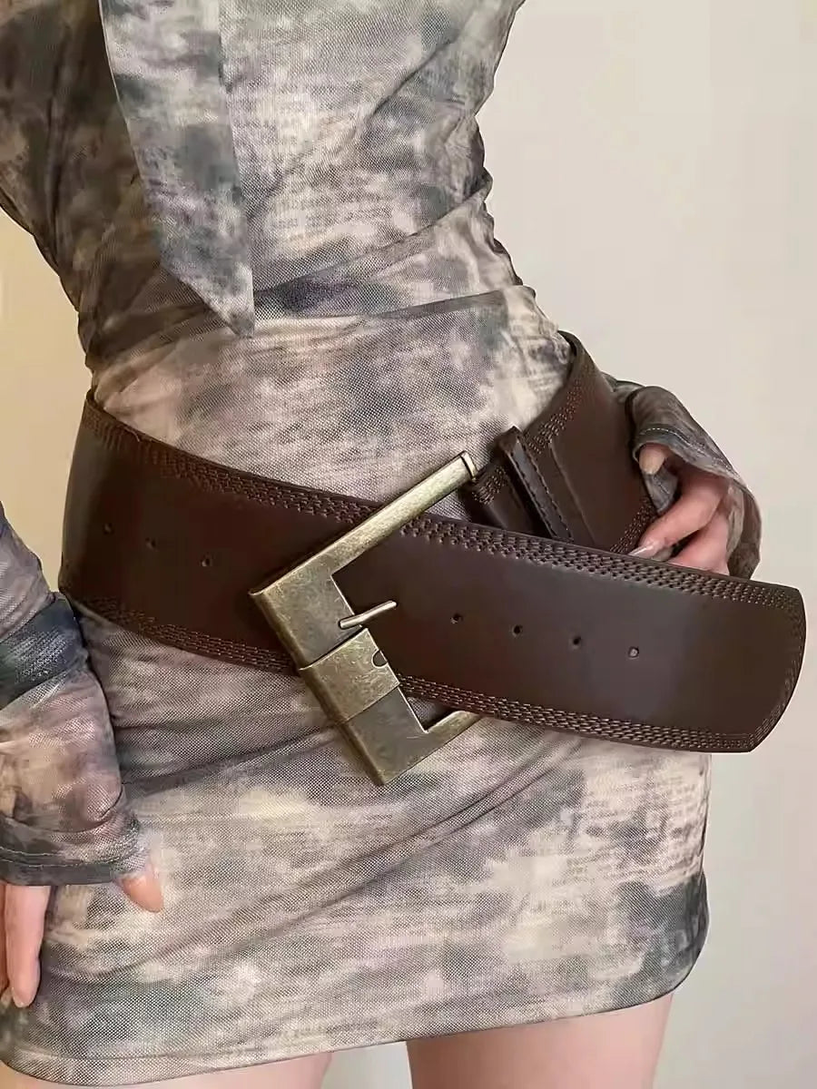 Women Female 115Cm Punk Style Design PU Leather Wide Belt  Wasteland American Sexy Style Girdle with Skirt Jeans Waist High Quality Belt Ladies Girls Luxury Fashion Apparel Accessories Clothing Supplies