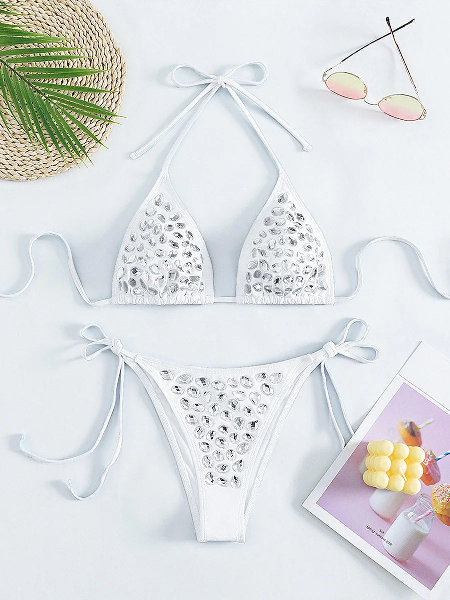 2 PCS Set Sexy Halter Rhinestone Diamond Luxury Bikini Women Swimwear Female Swimsuit Bikini Set Micro Bather Bathing Suit Swim Lady Bathing Suit