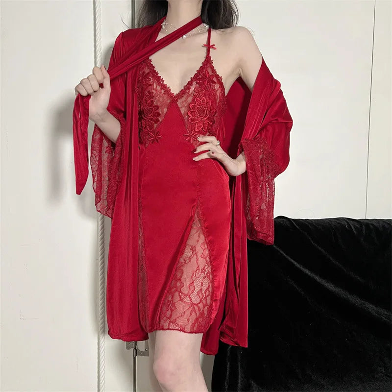 NEW 2PCS Rayon-Silk Set 5 Colors M-XL Sexy Embroidery Wedding Robe Nightgown Sleepwear Set Summer Female Nightwear Patchwork Lace Rayon Bathrobe Casual Home Dress